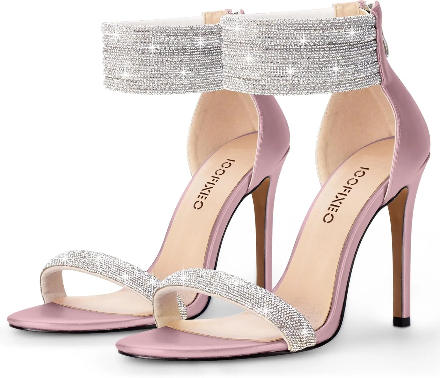 100FIXEO Sexy High Heeled Rhinestone Sandals Elegant Open Toe ankle strap Stiletto Heel Wedding Dress Shoes