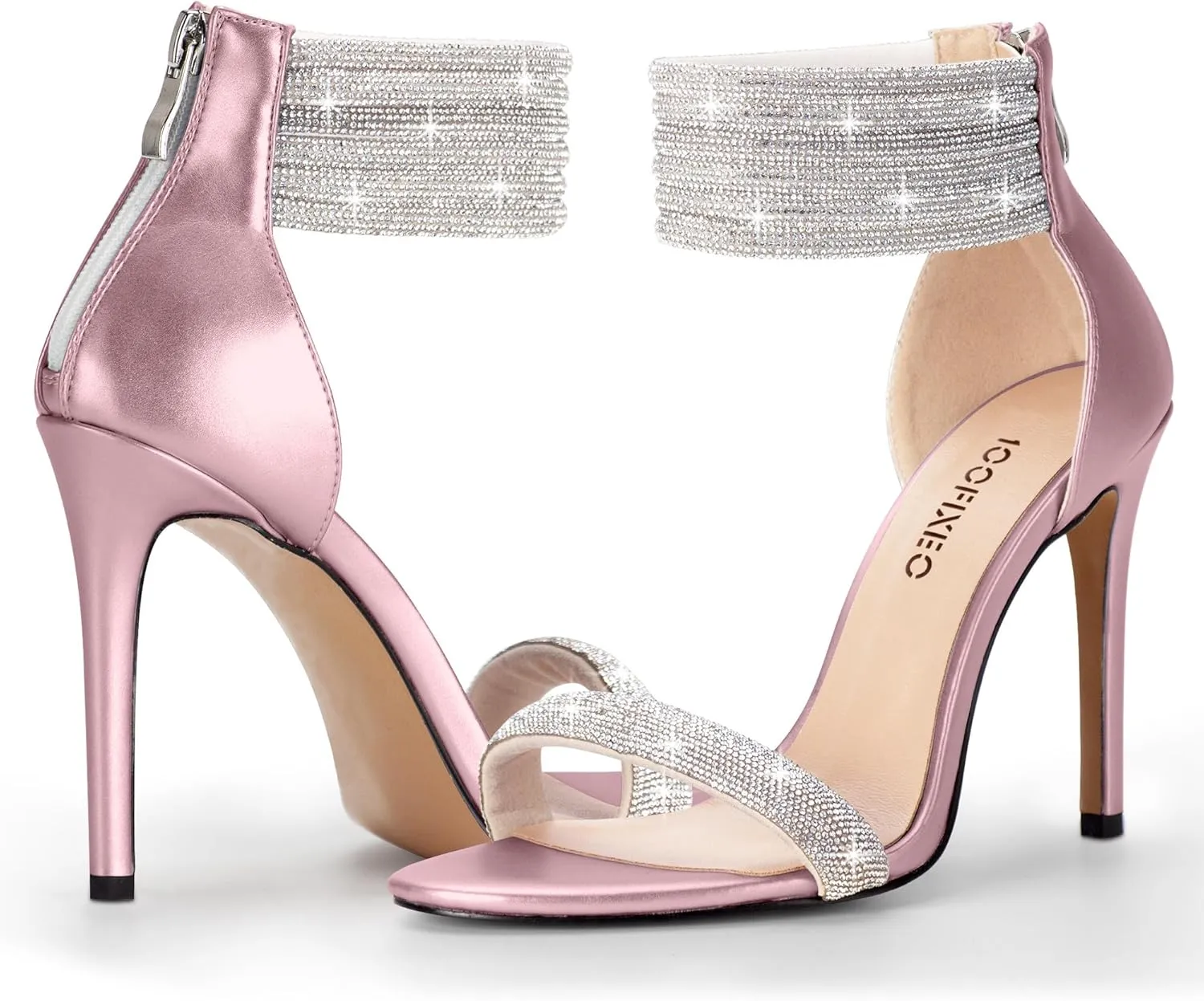 100FIXEO Sexy High Heeled Rhinestone Sandals Elegant Open Toe ankle strap Stiletto Heel Wedding Dress Shoes
