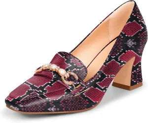 100FIXEO Women's Block Heel Loafers Square Toe Slip-on Pearl Chain Pumps Comfortable Office Shoes