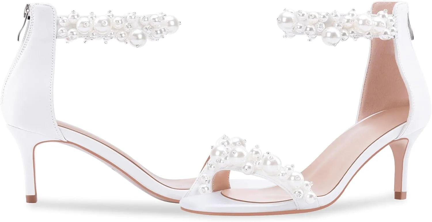 100FIXEO Women's Pearl Low Kitten Heel Ankle Strap Heeled Sandals Open Toe Wedding Bride Dress Shoes