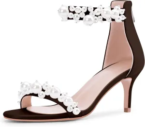100FIXEO Women's Pearl Low Kitten Heel Ankle Strap Heeled Sandals Open Toe Wedding Bride Dress Shoes