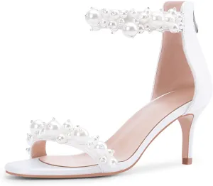 100FIXEO Women's Pearl Low Kitten Heel Ankle Strap Heeled Sandals Open Toe Wedding Bride Dress Shoes