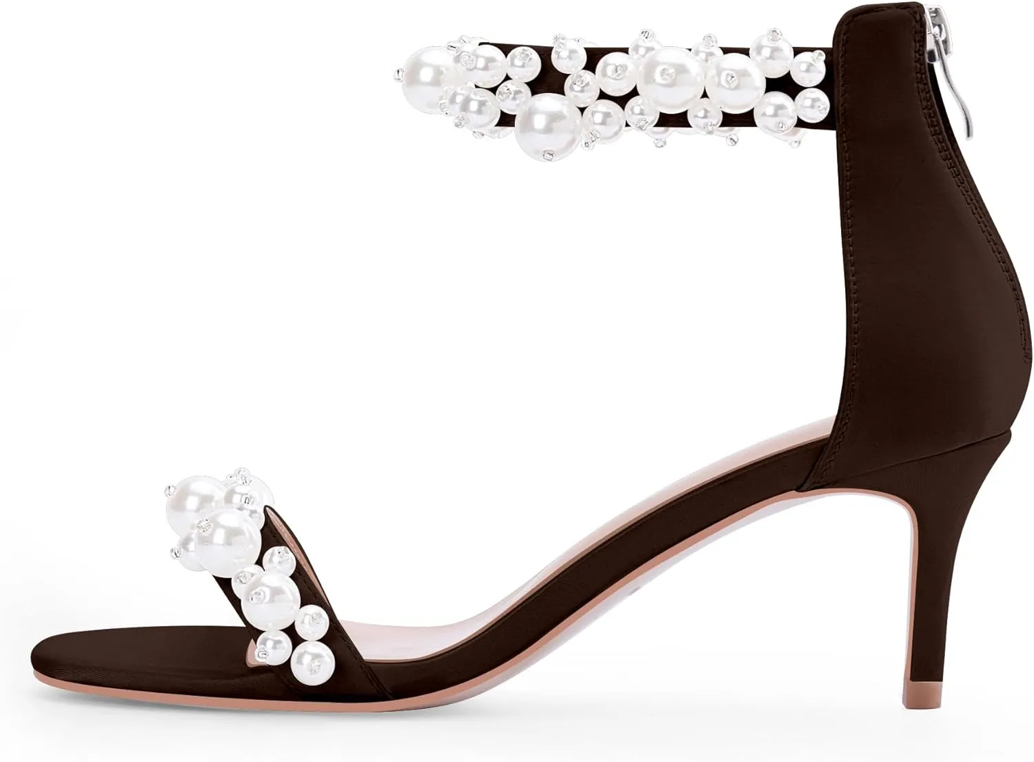 100FIXEO Women's Pearl Low Kitten Heel Ankle Strap Heeled Sandals Open Toe Wedding Bride Dress Shoes