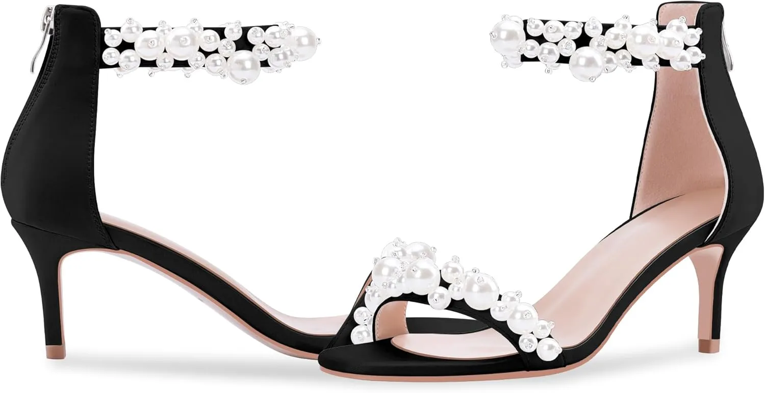 100FIXEO Women's Pearl Low Kitten Heel Ankle Strap Heeled Sandals Open Toe Wedding Bride Dress Shoes