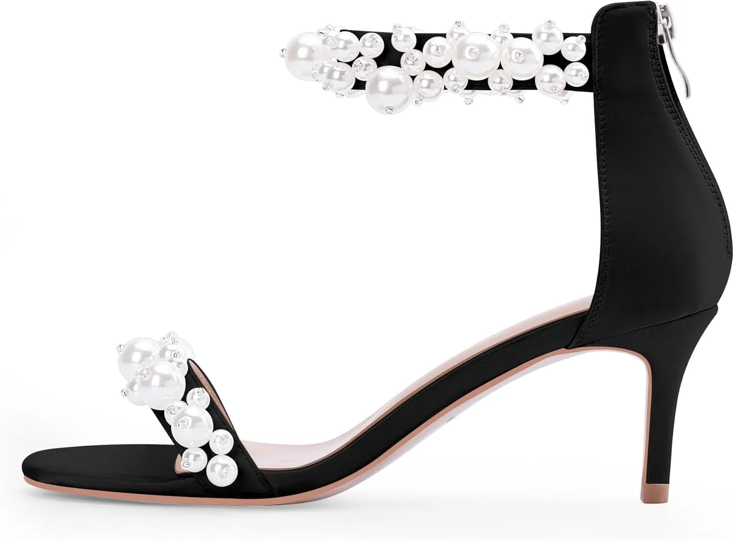 100FIXEO Women's Pearl Low Kitten Heel Ankle Strap Heeled Sandals Open Toe Wedding Bride Dress Shoes
