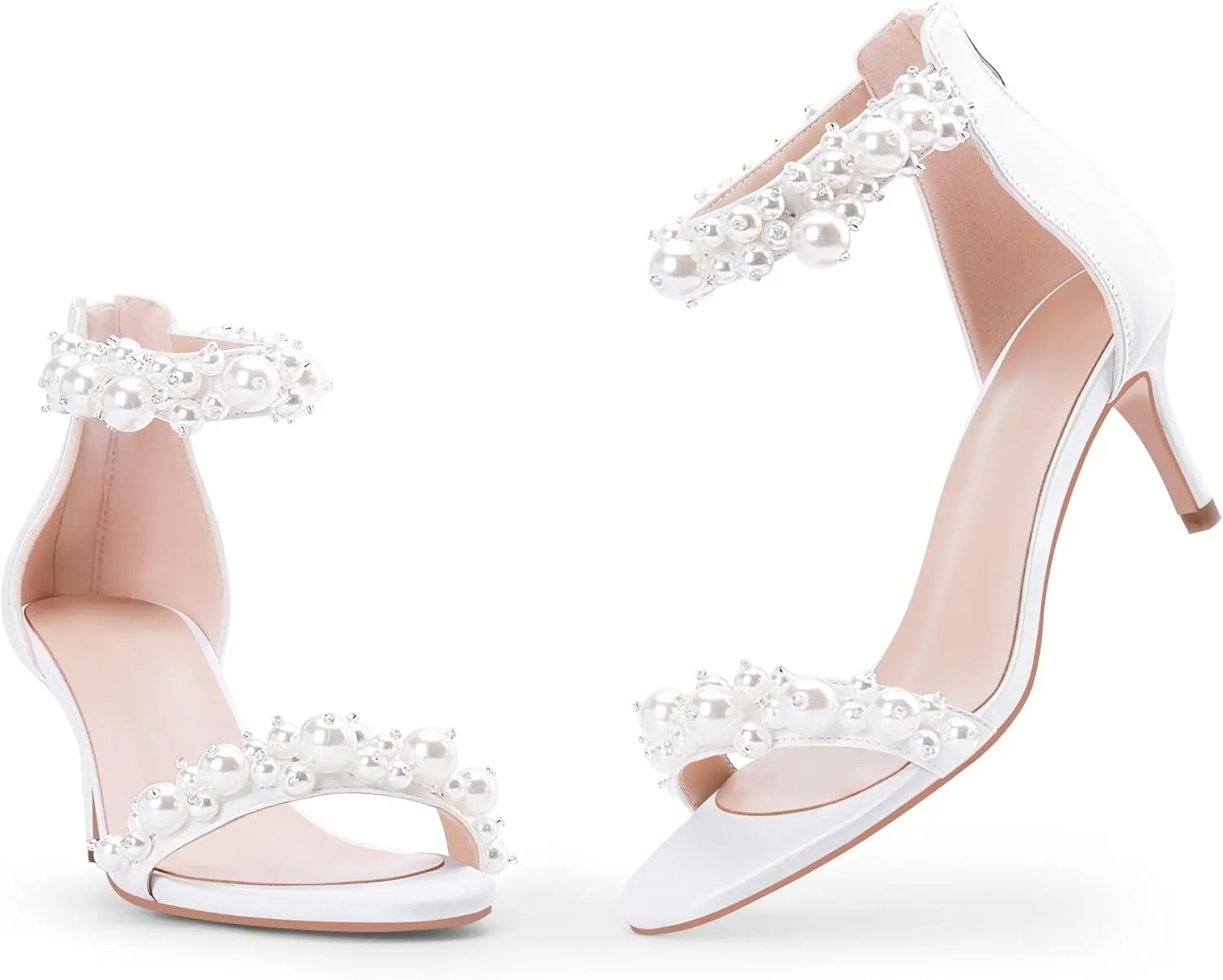 100FIXEO Women's Pearl Low Kitten Heel Ankle Strap Heeled Sandals Open Toe Wedding Bride Dress Shoes