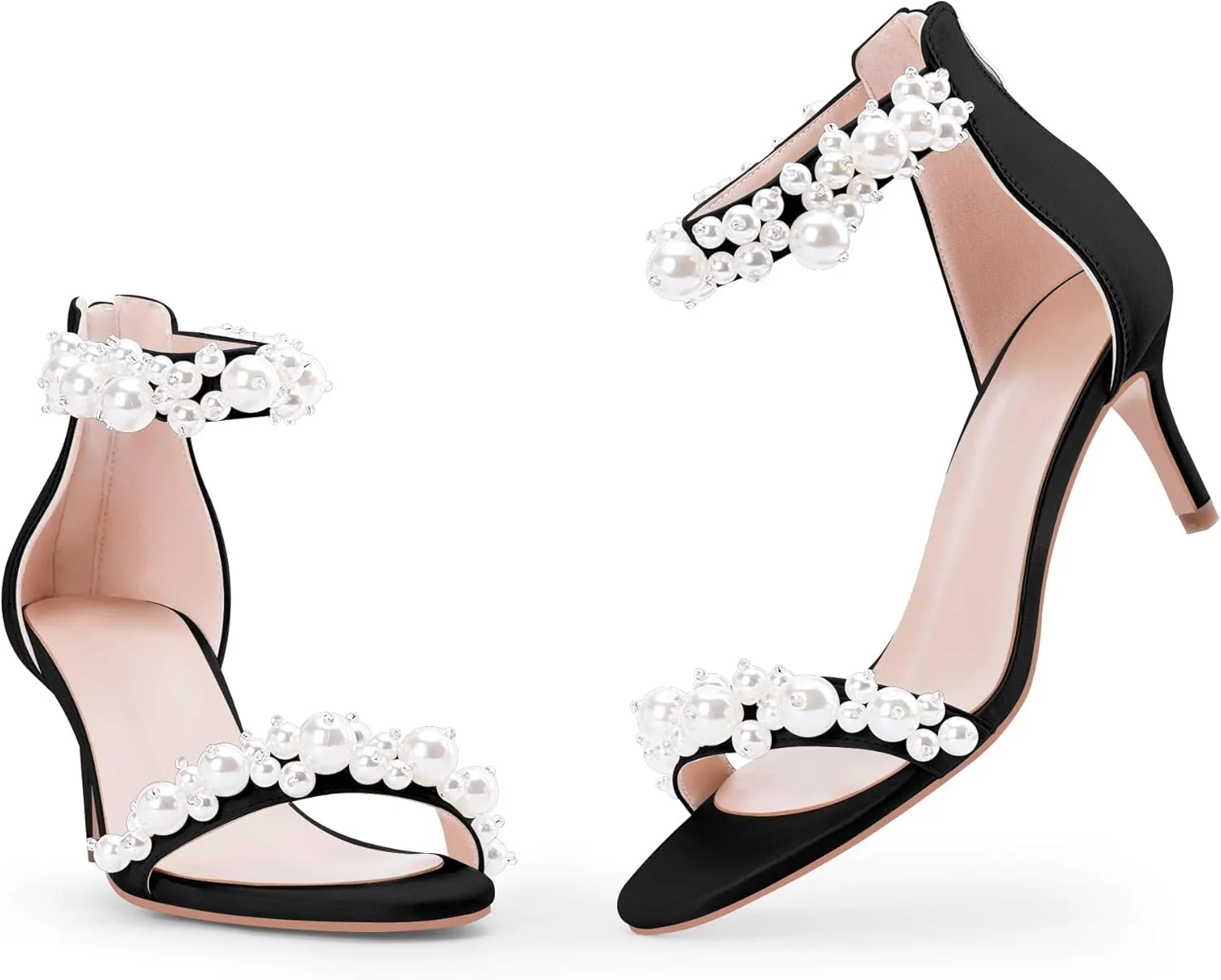 100FIXEO Women's Pearl Low Kitten Heel Ankle Strap Heeled Sandals Open Toe Wedding Bride Dress Shoes