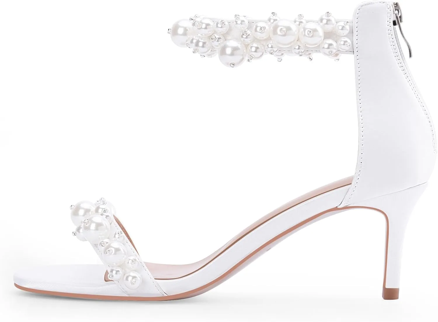 100FIXEO Women's Pearl Low Kitten Heel Ankle Strap Heeled Sandals Open Toe Wedding Bride Dress Shoes
