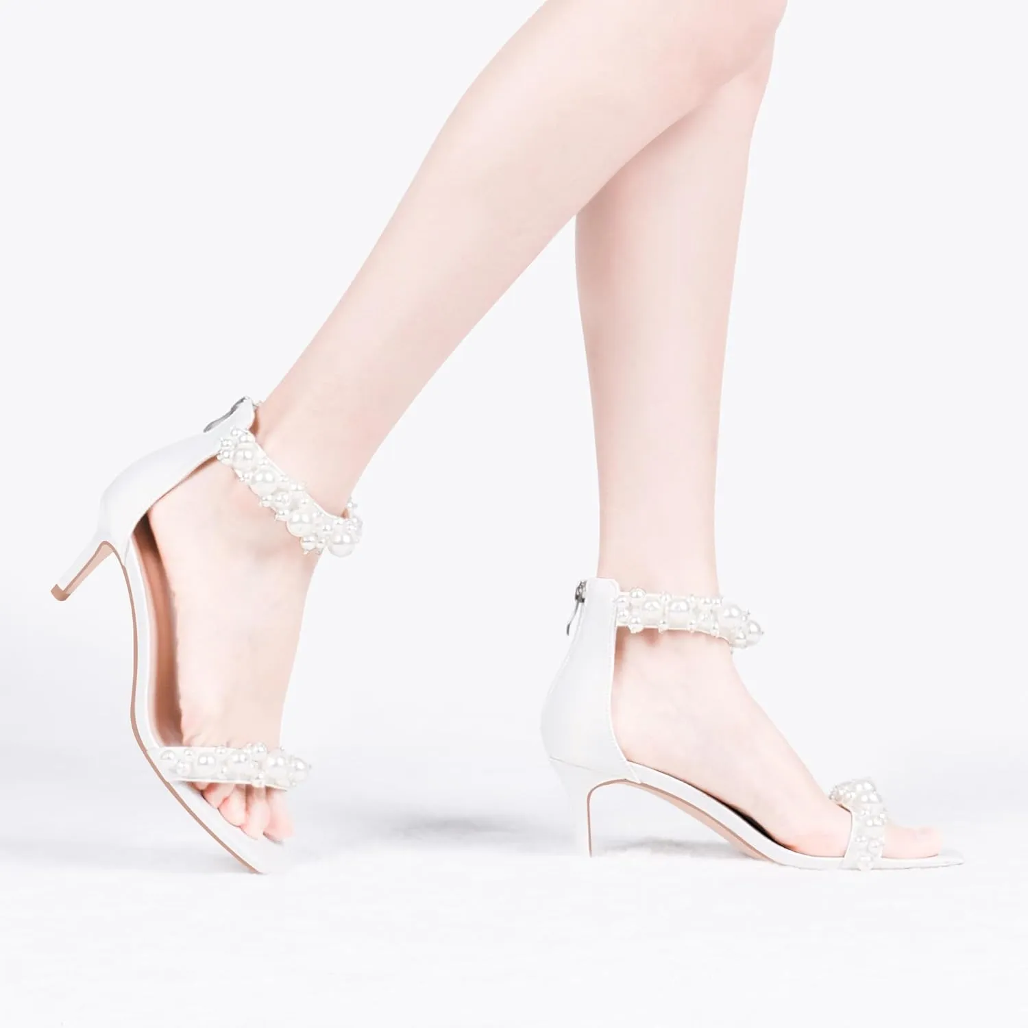 100FIXEO Women's Pearl Low Kitten Heel Ankle Strap Heeled Sandals Open Toe Wedding Bride Dress Shoes