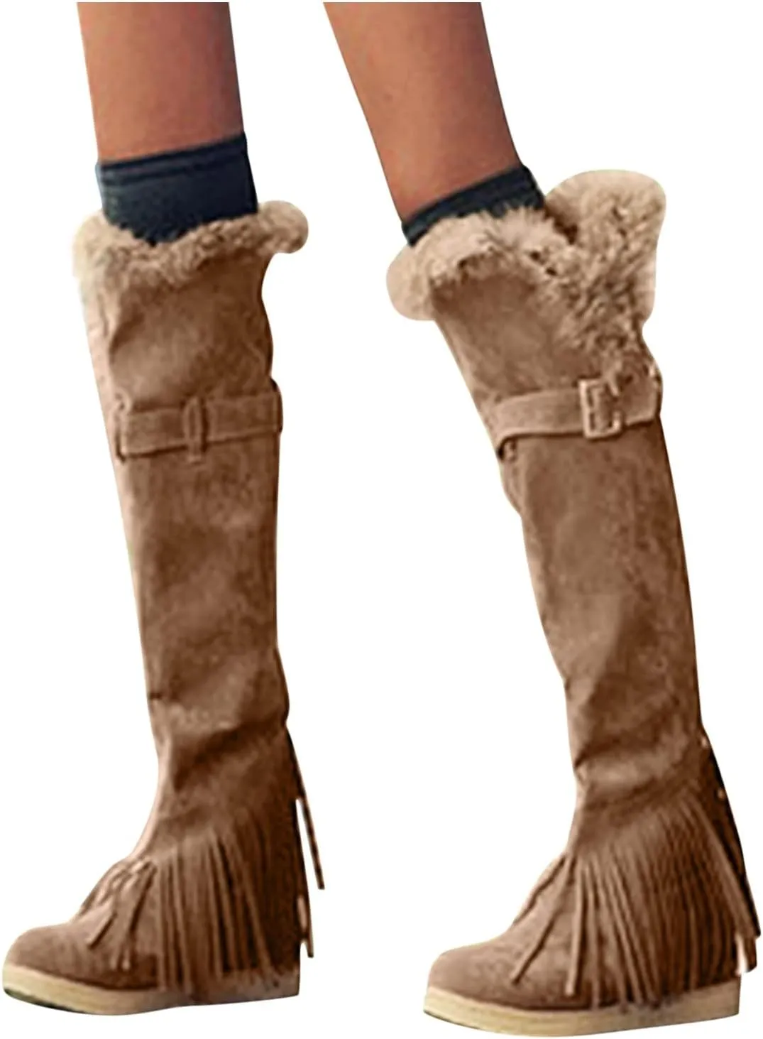 2021 Women's Shoes Breathable Flats Suede Tassel Pure Colors Thermal Winter FashionThigh Boots