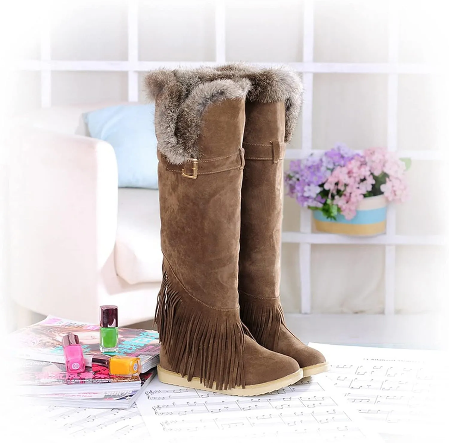 2021 Women's Shoes Breathable Flats Suede Tassel Pure Colors Thermal Winter FashionThigh Boots
