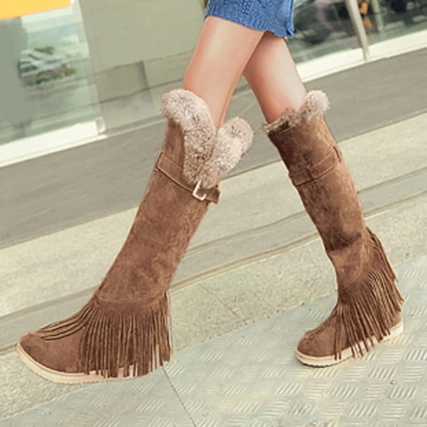 2021 Women's Shoes Breathable Flats Suede Tassel Pure Colors Thermal Winter FashionThigh Boots