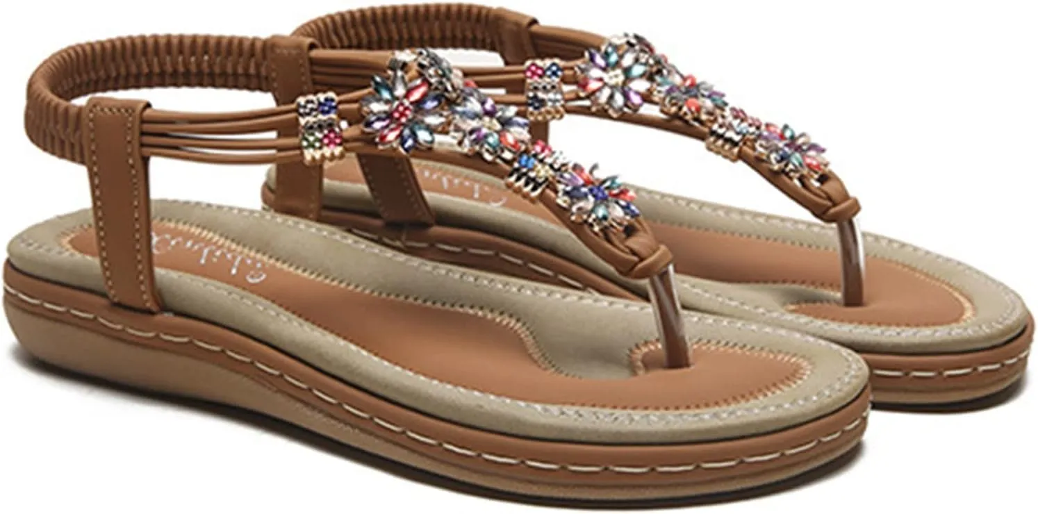 2025 Fashion T-Strap Boho Sandals Summer Rhinestones Strappy Thong Flats Beach Holiday Sandal Footwear Walking Shoes