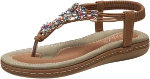 2025 Fashion T-Strap Boho Sandals Summer Rhinestones Strappy Thong Flats Beach Holiday Sandal Footwear Walking Shoes