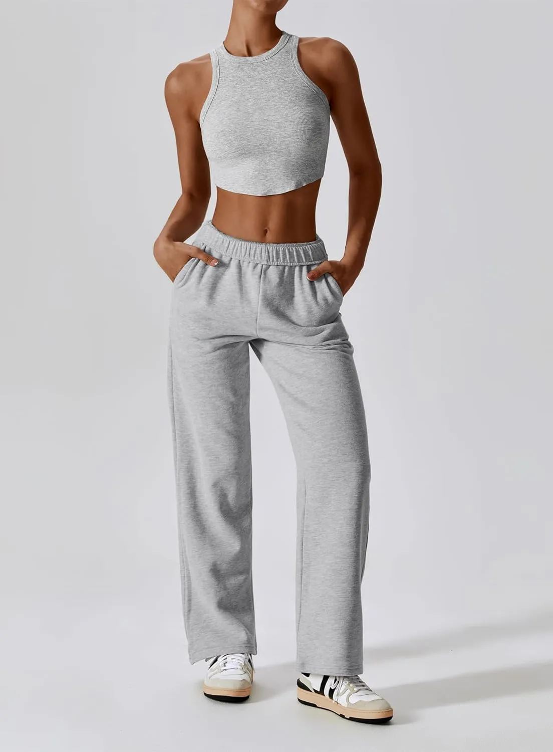 ABOCIW Women's Fleece Lined Wide Leg Sweatpants Elastic High Waisted Baggy Athletic Joggers Pants with Pockets