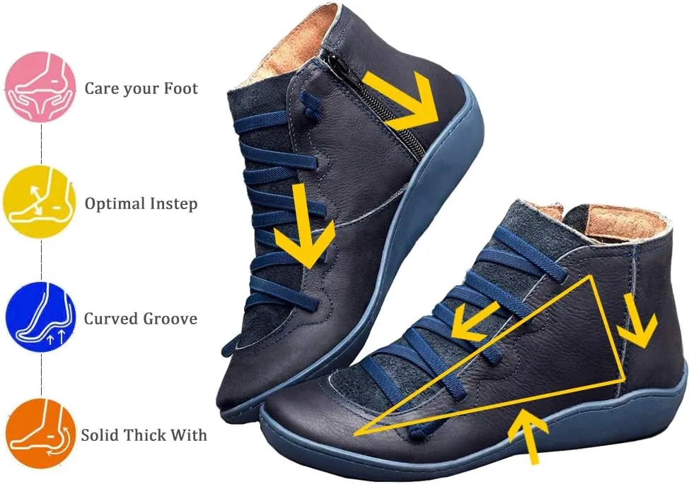 Acrossage Women Arch Support Boots Comfortable Ankle Wedge Short Booties Fashion Leather Waterproof Slip On Boots
