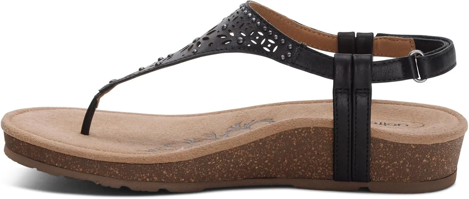 Aetrex Evelyn Casual Leather Thong Sandals for Women - Plantar Fasciitis Relief Flats Arch Support Sandals Women's with Fully Adjustable Back Strap