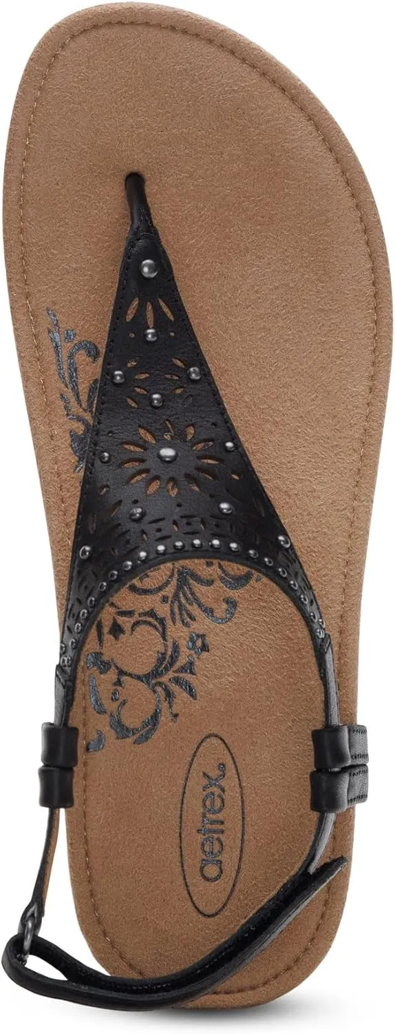 Aetrex Evelyn Casual Leather Thong Sandals for Women - Plantar Fasciitis Relief Flats Arch Support Sandals Women's with Fully Adjustable Back Strap