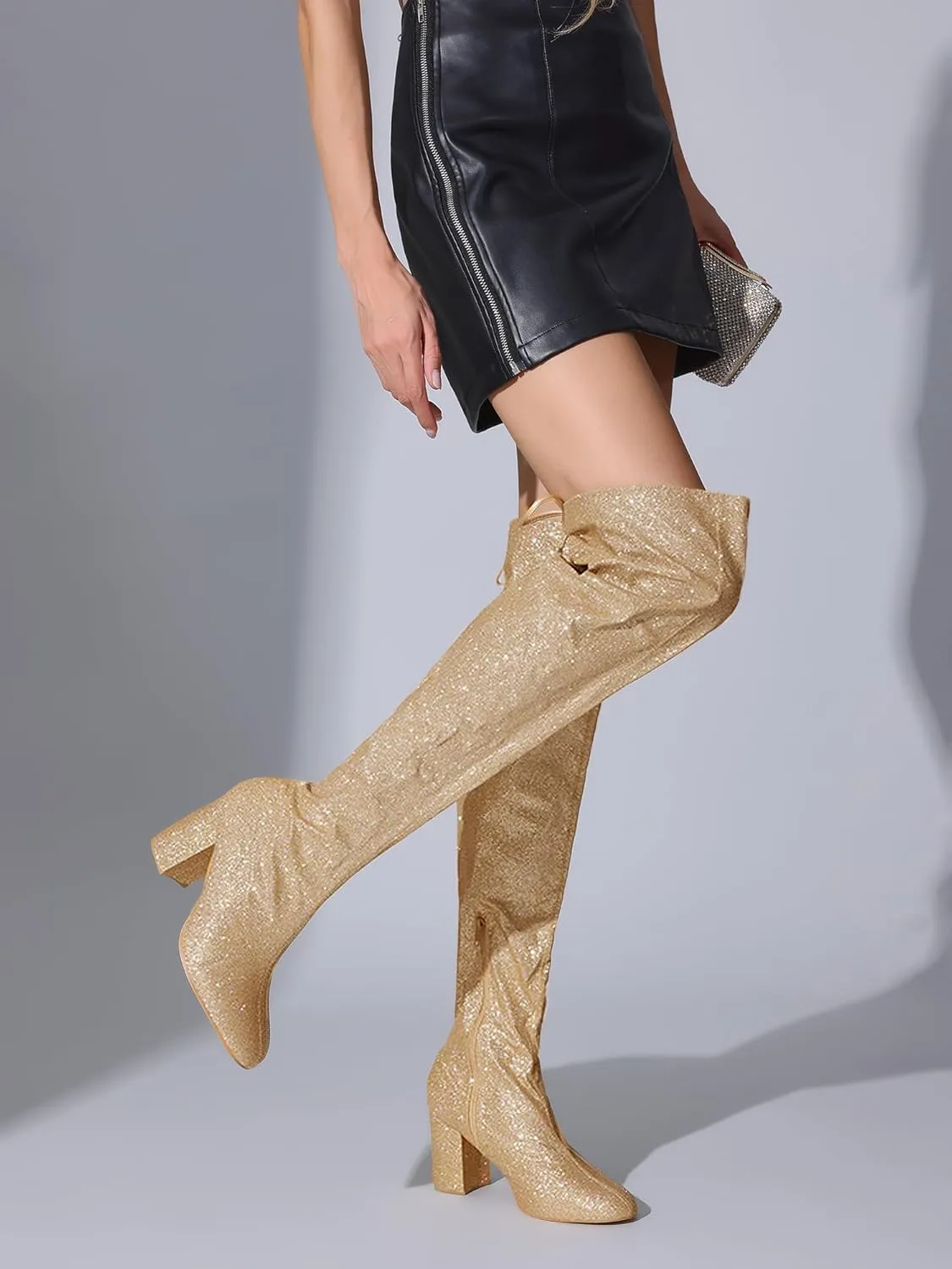 Allegra K Women's Glitter Boots Round Toe Chunky Heel Over the Knee High Boots