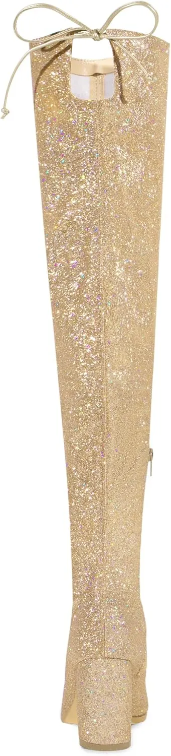 Allegra K Women's Glitter Boots Round Toe Chunky Heel Over the Knee High Boots
