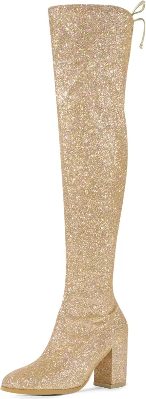 Allegra K Women's Glitter Boots Round Toe Chunky Heel Over the Knee High Boots