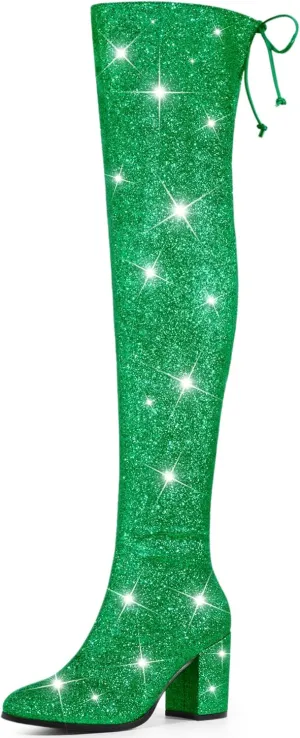 Allegra K Women's Glitter Boots Round Toe Chunky Heel Over the Knee High Boots