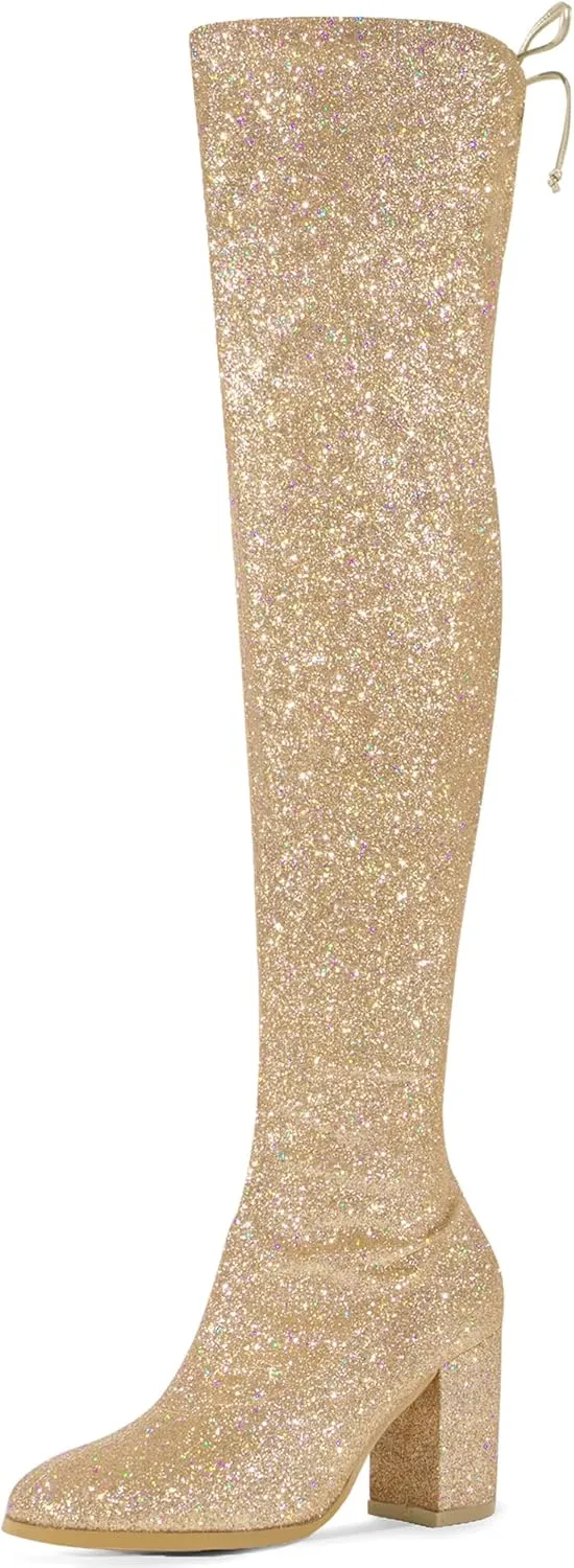 Allegra K Women's Glitter Boots Round Toe Chunky Heel Over the Knee High Boots