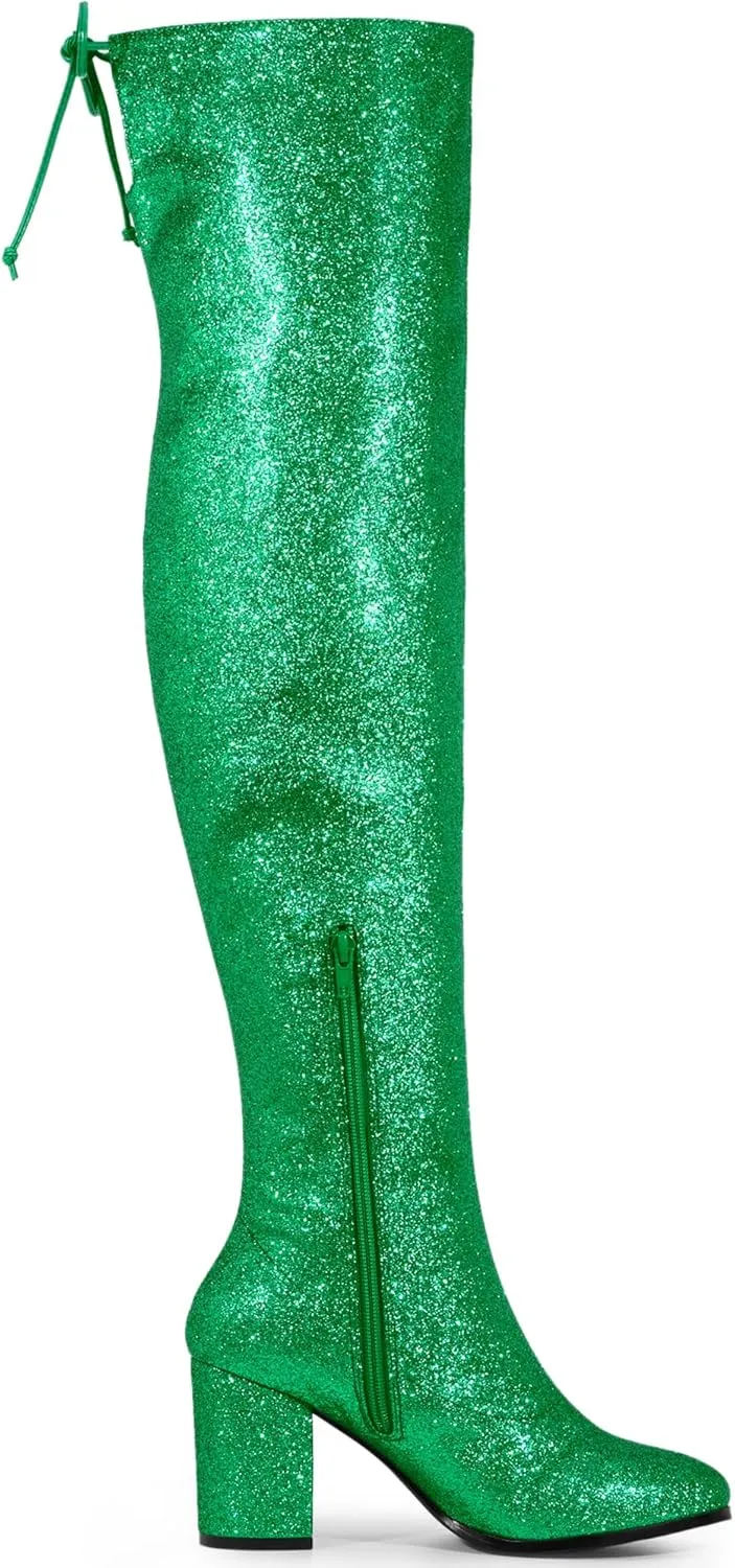 Allegra K Women's Glitter Boots Round Toe Chunky Heel Over the Knee High Boots