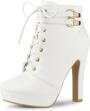 Allegra K Women's Lace Up Strap Platform Block Heels Ankle Boots