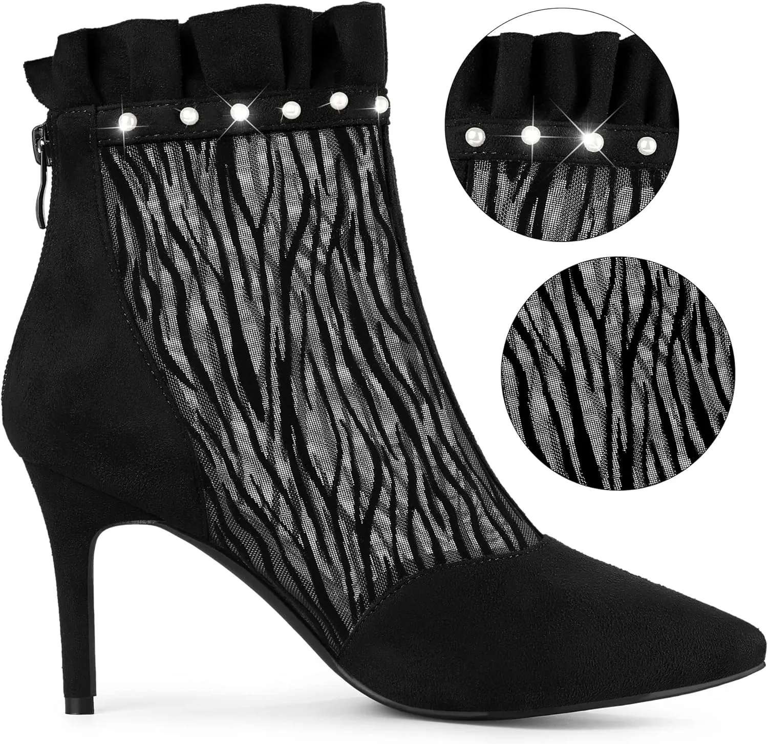 Allegra K Women's Mesh Heel Boots Stiletto Heels Ruffle Ankle Boots