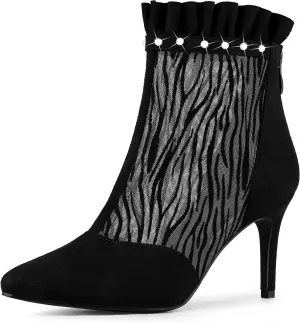 Allegra K Women's Mesh Heel Boots Stiletto Heels Ruffle Ankle Boots