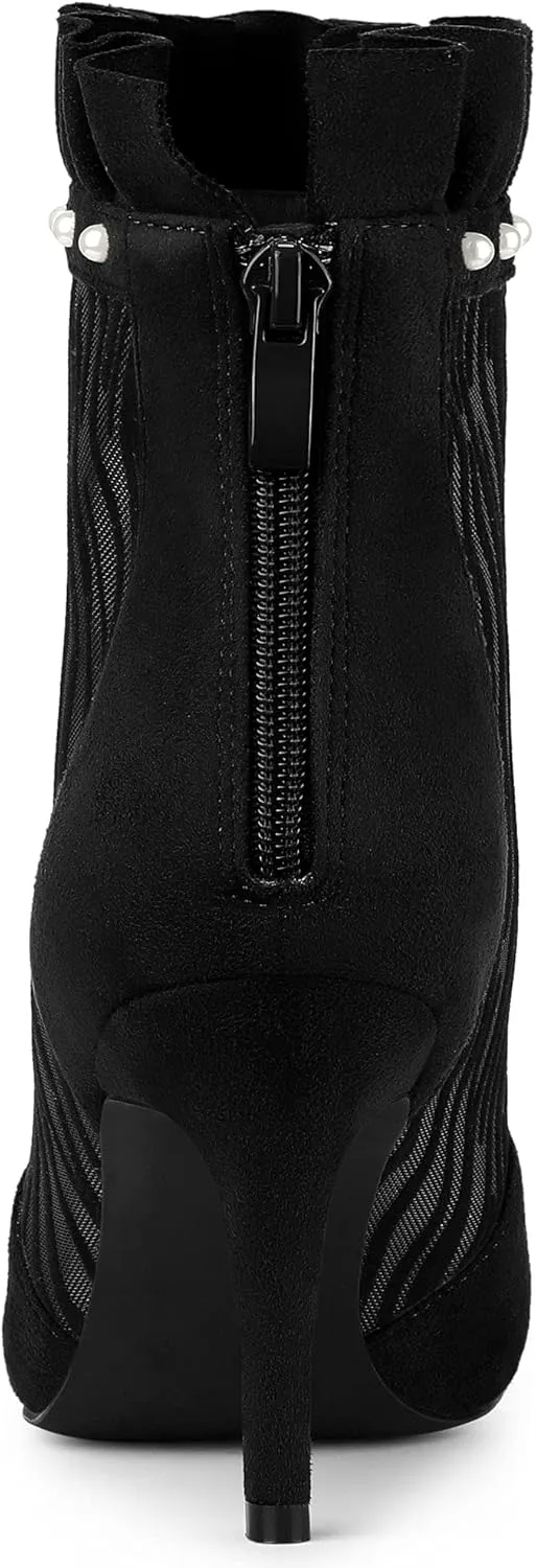 Allegra K Women's Mesh Heel Boots Stiletto Heels Ruffle Ankle Boots