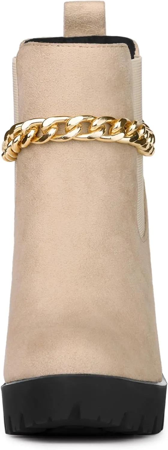Allegra K Women's Platform Gold Chain Chunky High Heel Chelsea Ankle Boots
