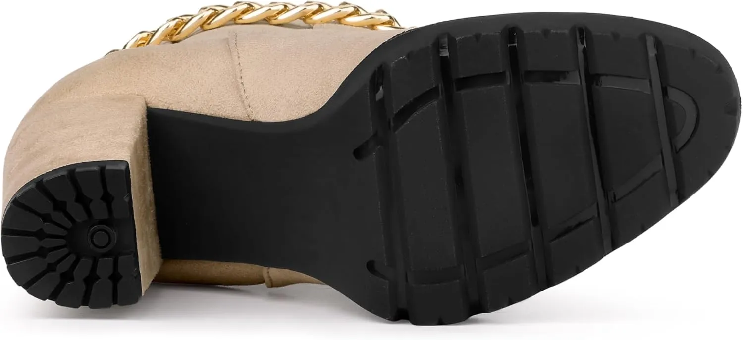Allegra K Women's Platform Gold Chain Chunky High Heel Chelsea Ankle Boots