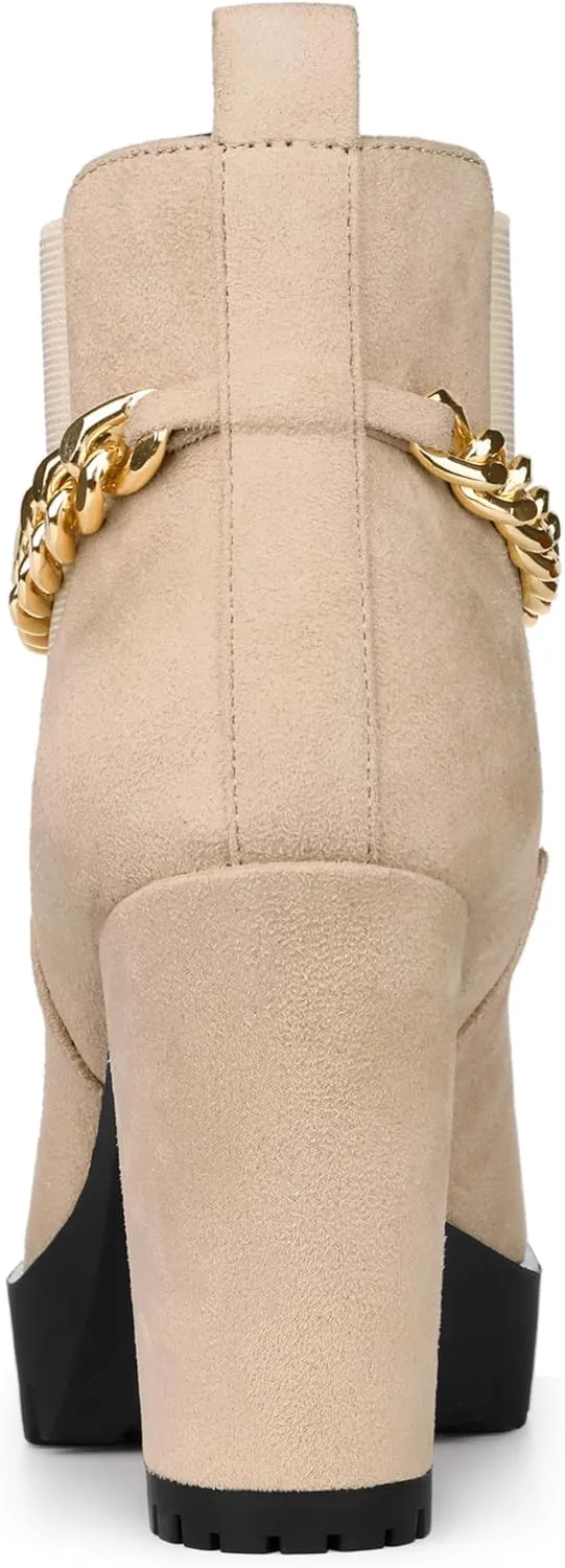 Allegra K Women's Platform Gold Chain Chunky High Heel Chelsea Ankle Boots