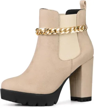 Allegra K Women's Platform Gold Chain Chunky High Heel Chelsea Ankle Boots