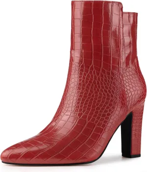 Allegra K Women's Printed Pointed Toe Chunky Heels Ankle Boots