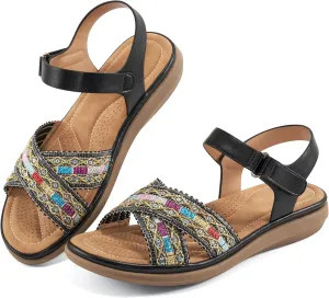Almusen Flat Sandals for Women Dressy: Comfortable Summer Beach Shoes Casual Ankle Strap Bohemian Woven Walking Sandal