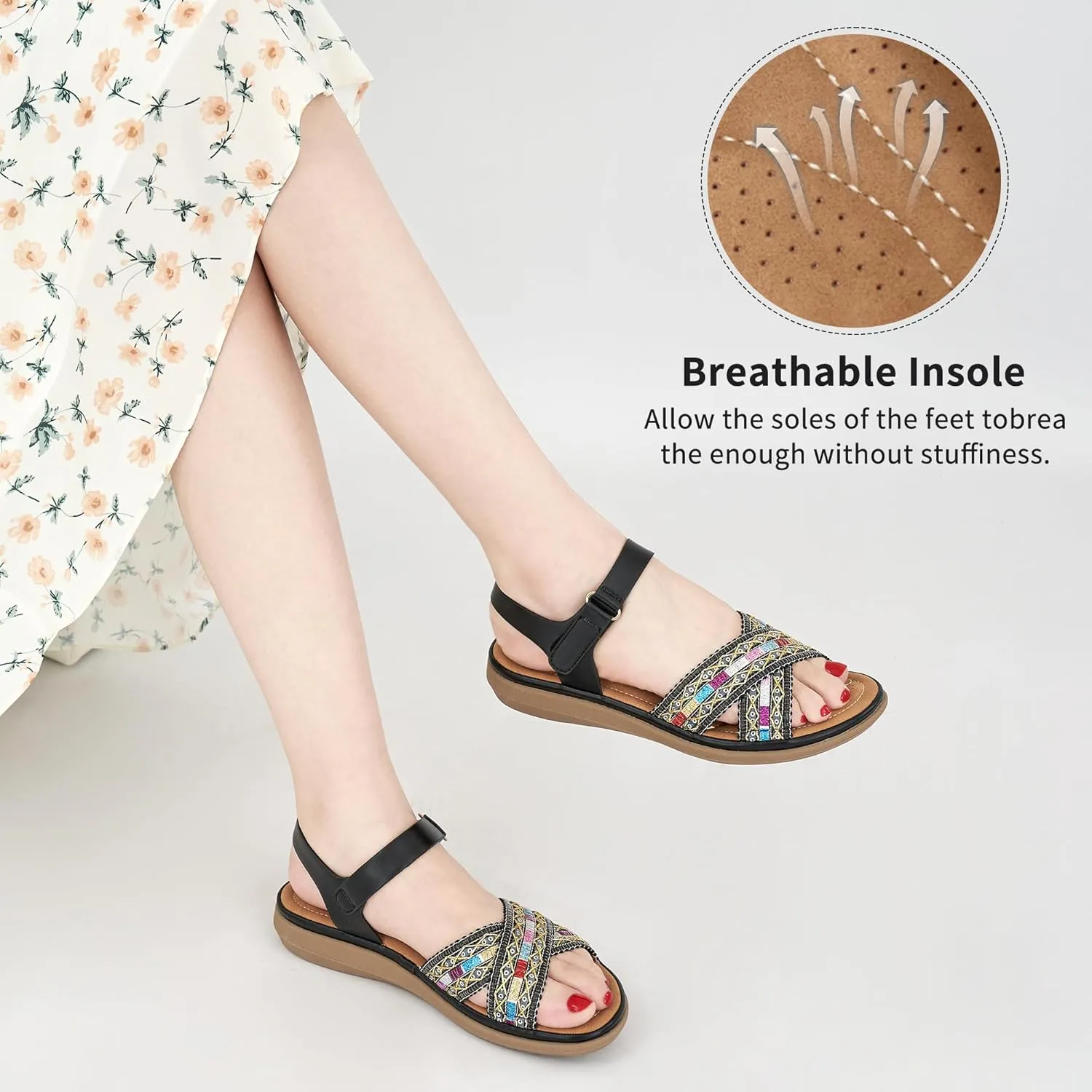 Almusen Flat Sandals for Women Dressy: Comfortable Summer Beach Shoes Casual Ankle Strap Bohemian Woven Walking Sandal