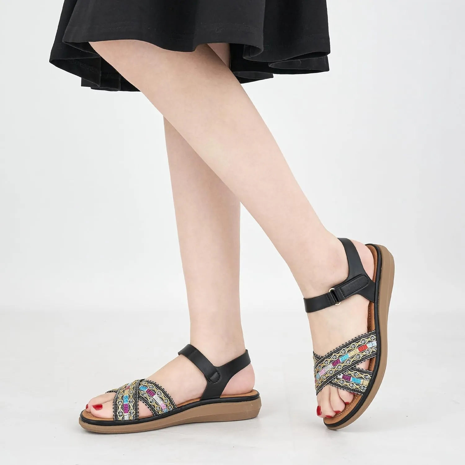 Almusen Flat Sandals for Women Dressy: Comfortable Summer Beach Shoes Casual Ankle Strap Bohemian Woven Walking Sandal