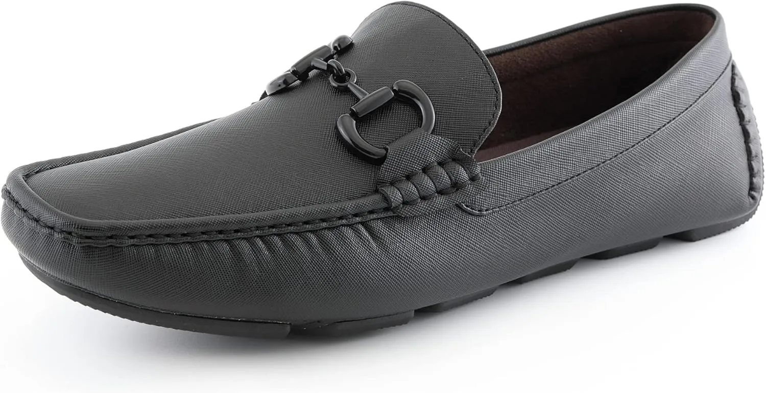 Amali Driving Moccasins, Faux Leather with Enamel Horse-Bit Ornament & Soft Lining, Comfortable & Stylish Mens Dress Loafers for Everyday Wear