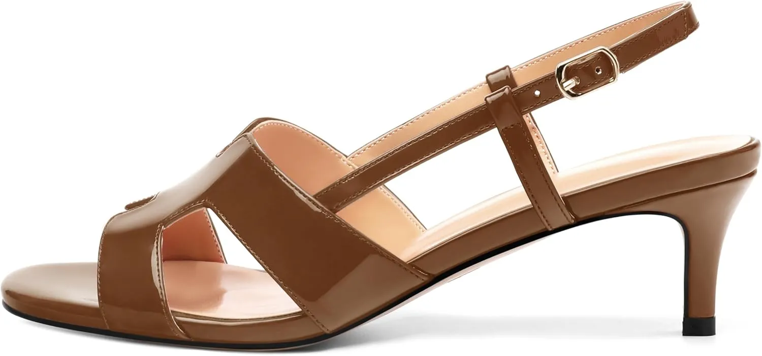AMBELIGHT Womens Dressy Heels Buckle Dating Patent Slingback Pumps Open Toe Kitten Low Heel Heeled Sandals 2 Inch