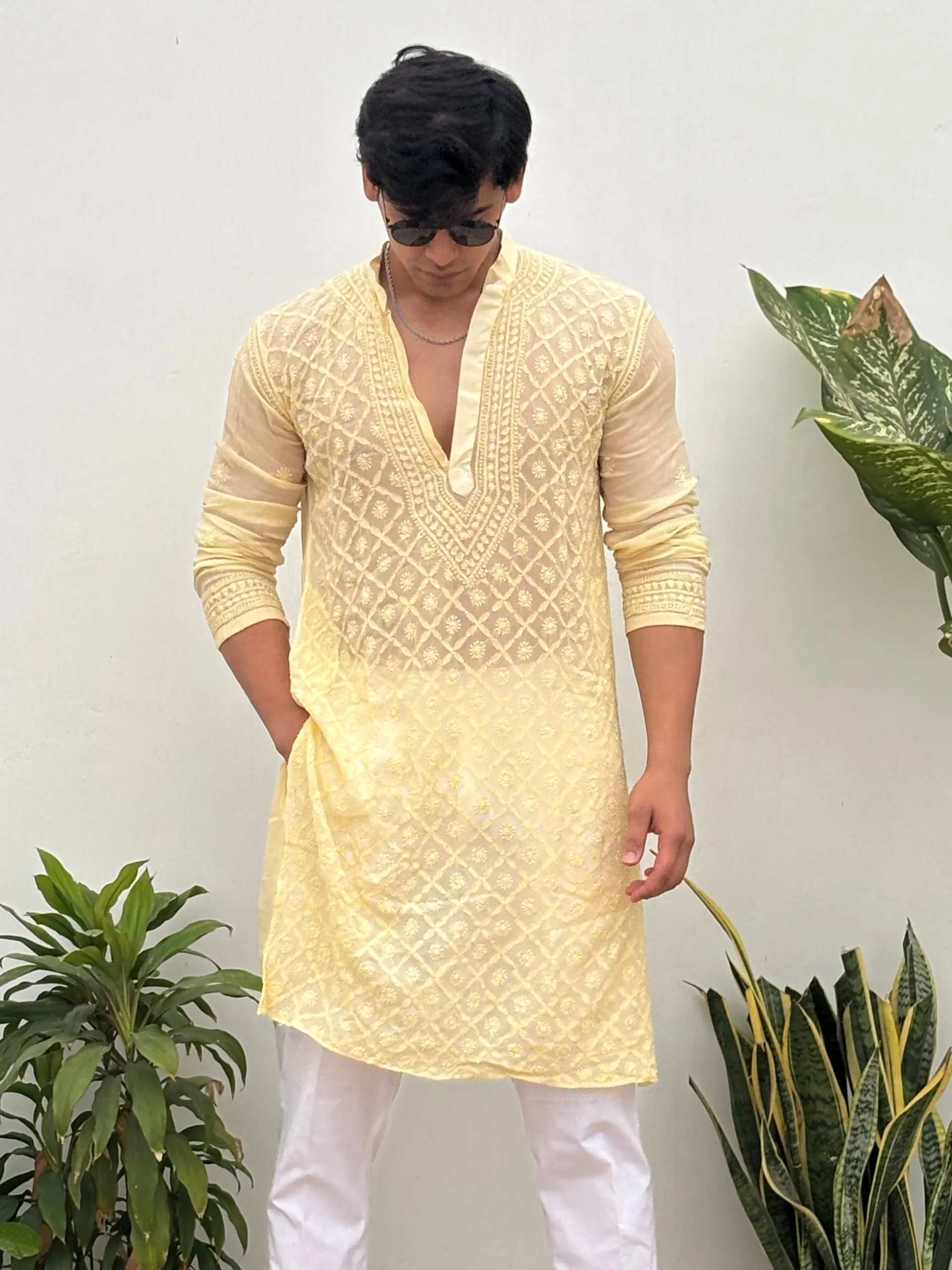 Amberlit Mens Chikankari Hand-Embroidered Kurta