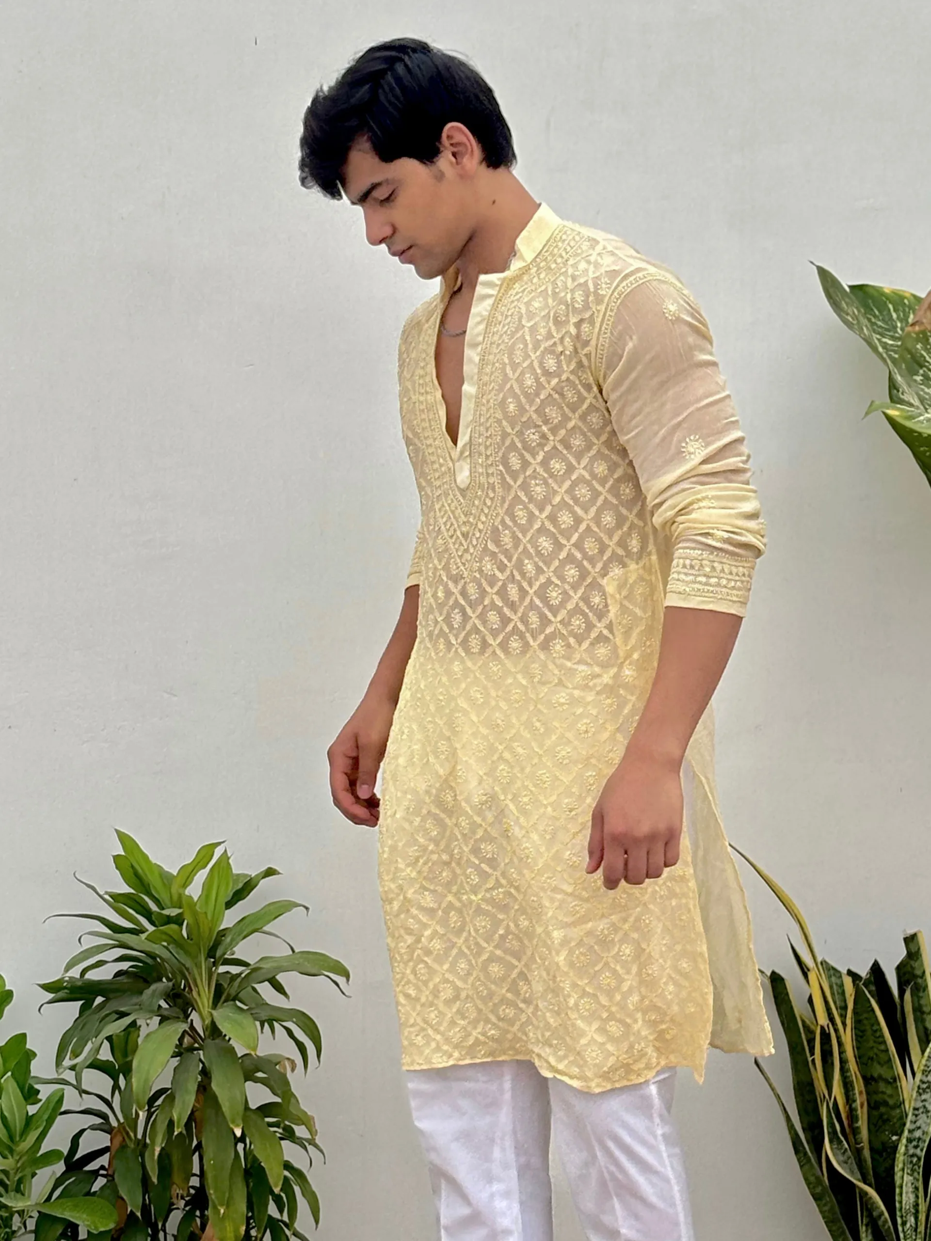 Amberlit Mens Chikankari Hand-Embroidered Kurta