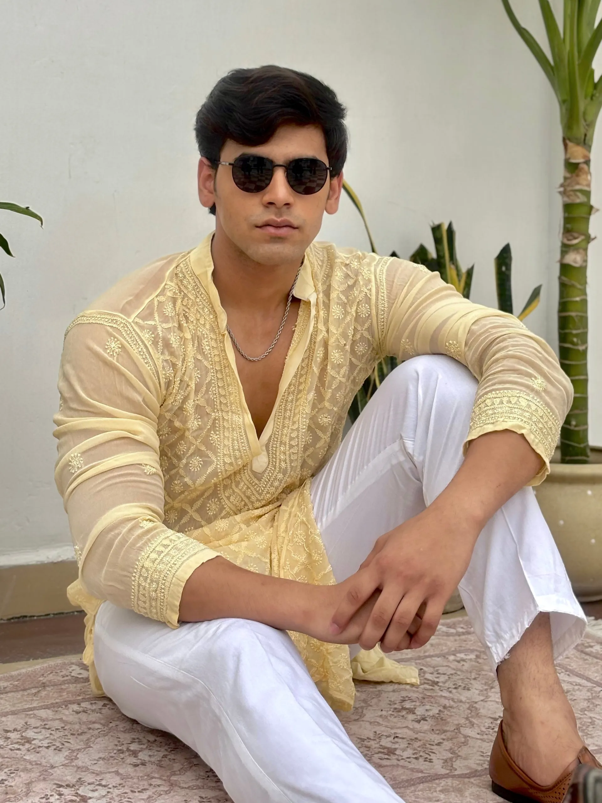 Amberlit Mens Chikankari Hand-Embroidered Kurta