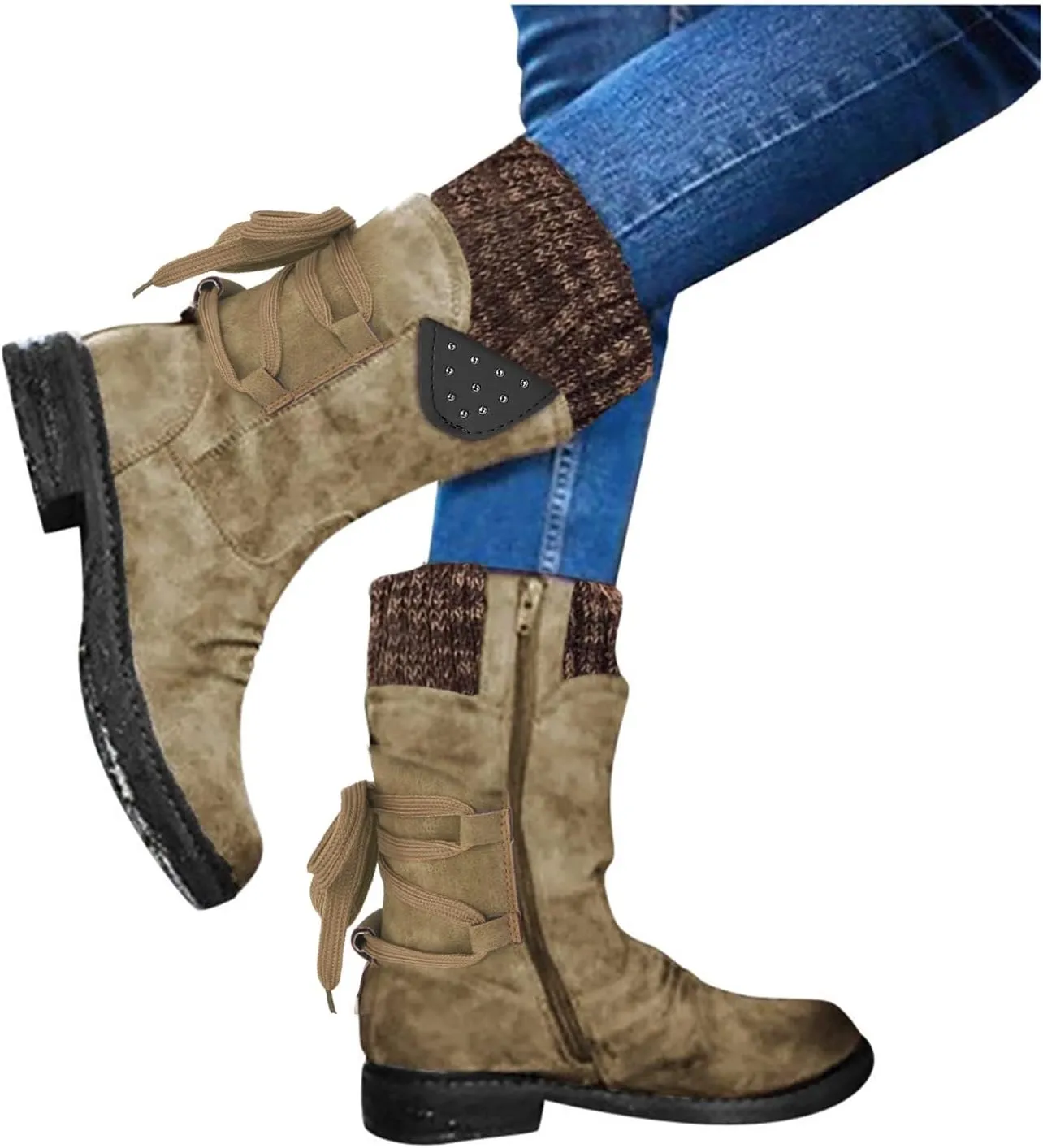 AMDBEL Fall Boots for Women 2023 Cowboy Boots,Vintage Knee High Boots Lace Up Boots Chunky Heels Retro Gothic Mid Calf Boots