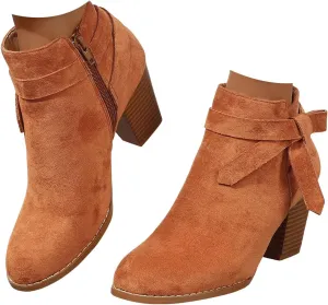 AMDBEL Fall Boots for Women 2024, Women's Ankle Boots Tie Knot Chelsea Pump Boots Closed Toe Stacked Heel Booties Shoes