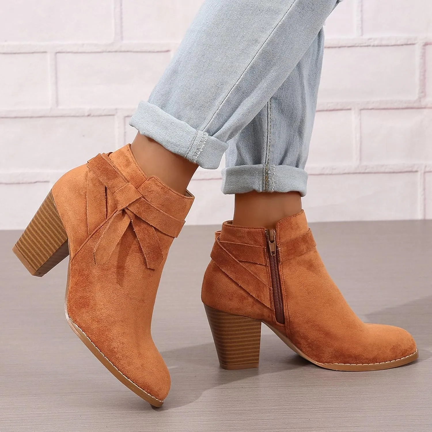 AMDBEL Fall Boots for Women 2024, Women's Ankle Boots Tie Knot Chelsea Pump Boots Closed Toe Stacked Heel Booties Shoes