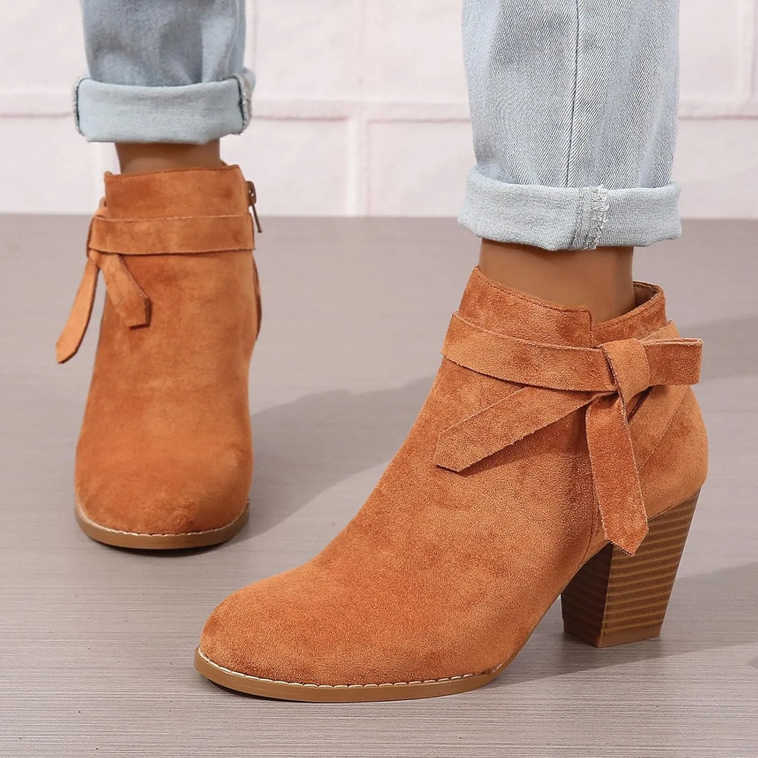AMDBEL Fall Boots for Women 2024, Women's Ankle Boots Tie Knot Chelsea Pump Boots Closed Toe Stacked Heel Booties Shoes