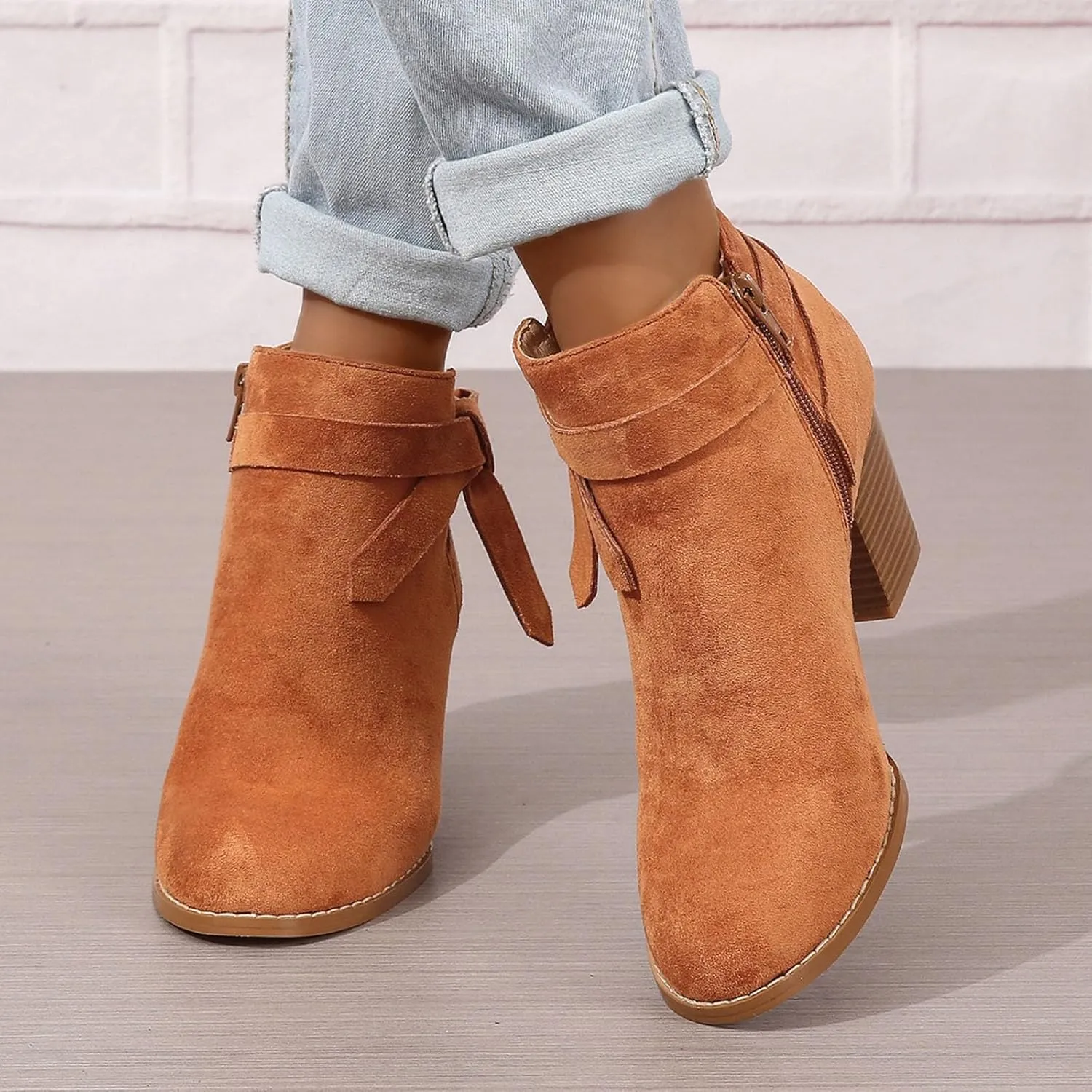 AMDBEL Fall Boots for Women 2024, Women's Ankle Boots Tie Knot Chelsea Pump Boots Closed Toe Stacked Heel Booties Shoes